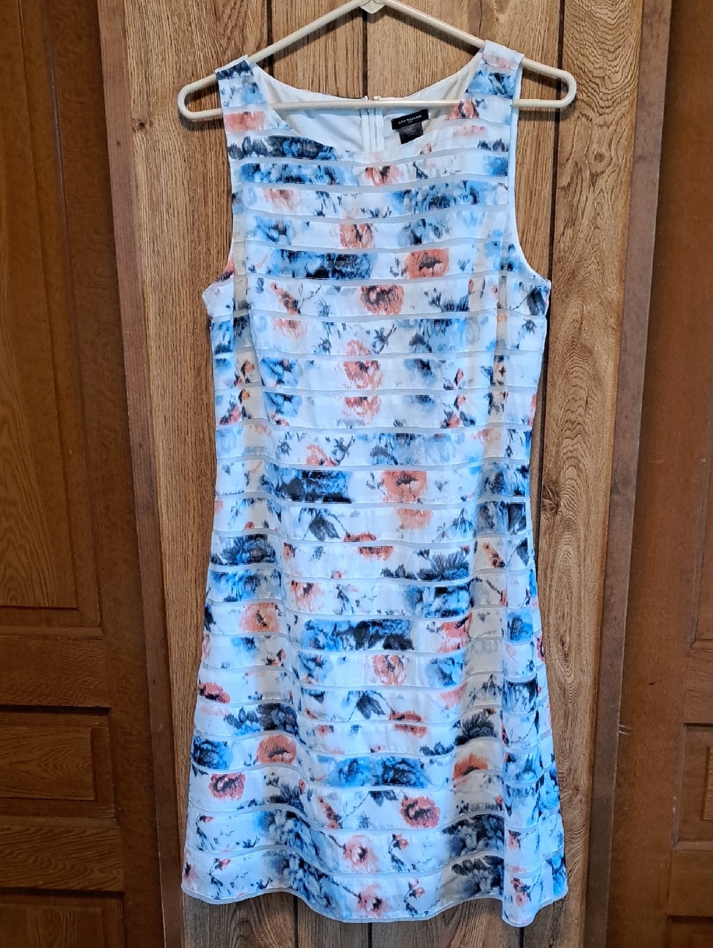 Ann Taylor Floral Stripe Fit-Flare Dress White/ Blue & Peach Size 8